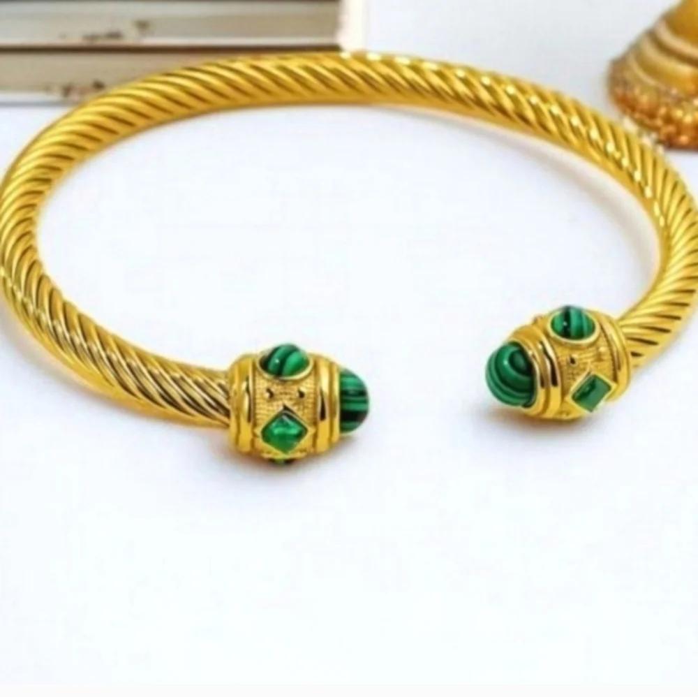 18k Gold Plated Twisted Cable Malachite & Crystal Cuff Bangle Bracelet
